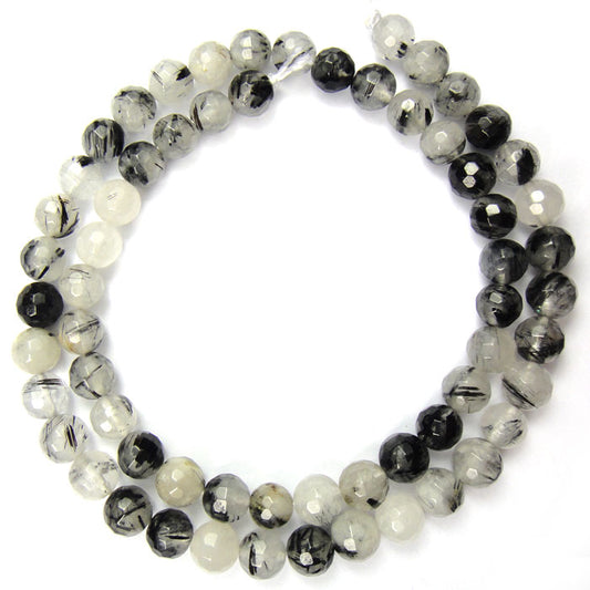 Black Rutilated Quartz 6mm Faceted Round Beads