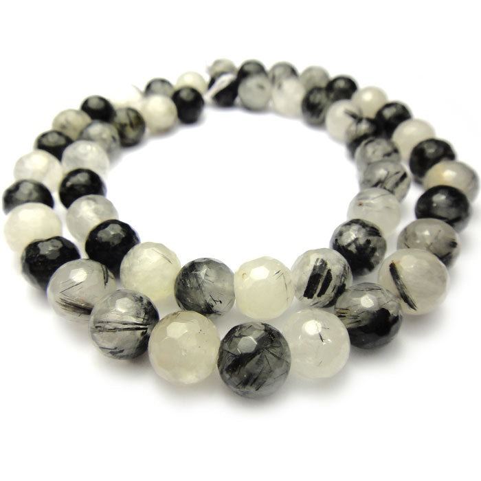 Black Rutilated Quartz 8mm Faceted Round Beads