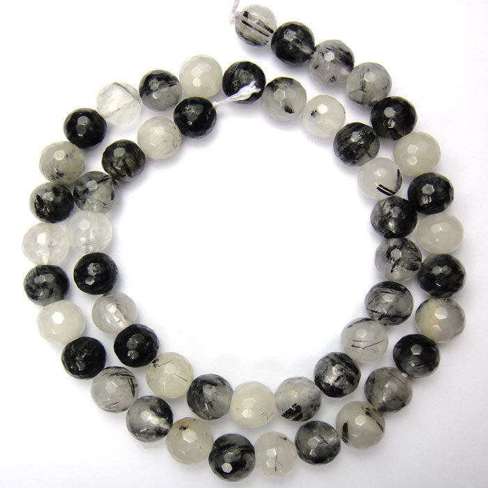 Black Rutilated Quartz 8mm Faceted Round Beads