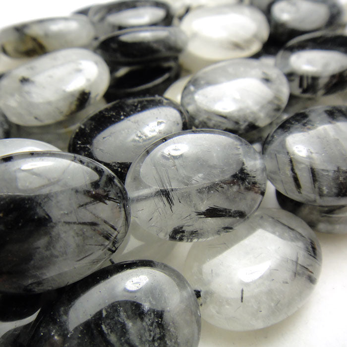 Black Rutilated Quartz Oval Beads