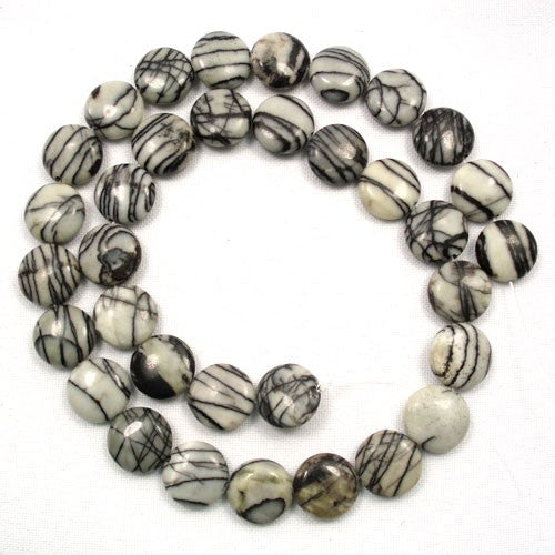 Black Veined Jasper 12mm Coin Beads