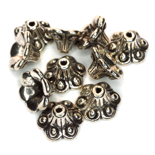 Tibetan Silver 10mm Flower Bead Caps (Pack 10)