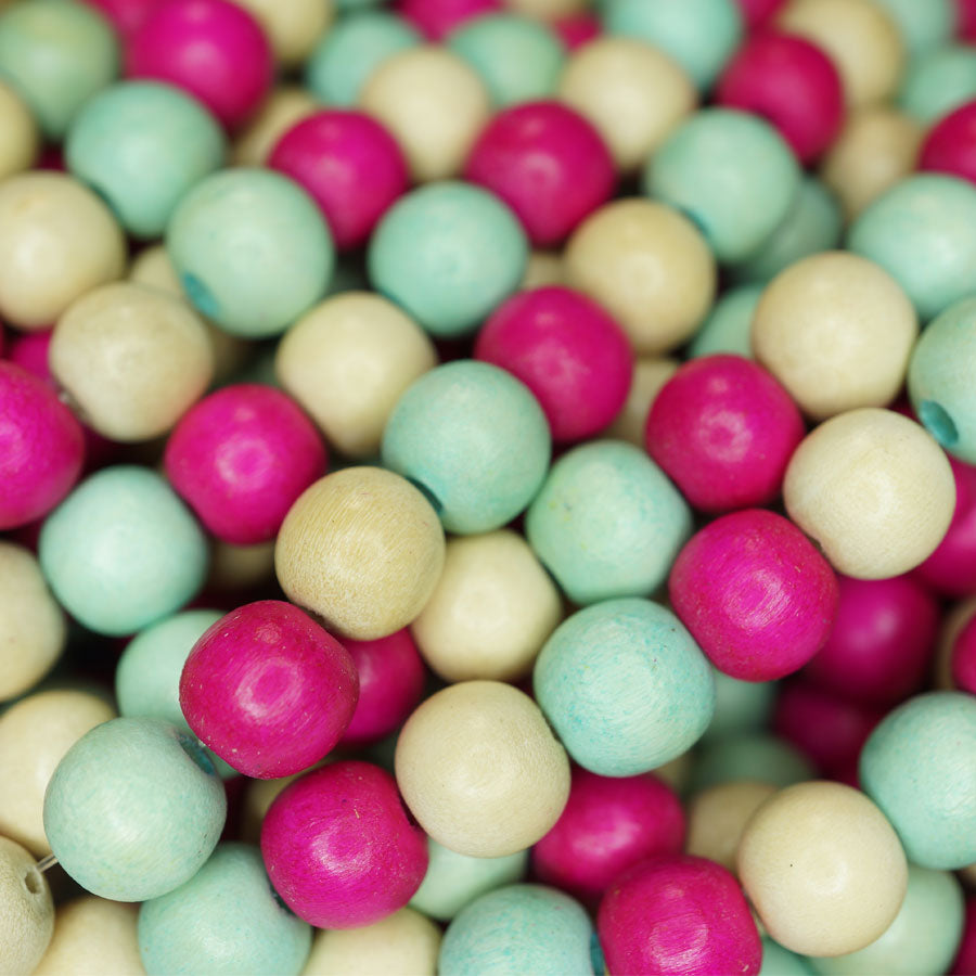 Natural White Wood Mixed Colour Beads - Hot Pink, Turquoise and Natural