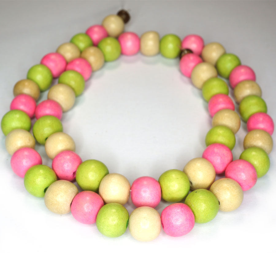 Natural White Wood Mixed Colour Beads - Lime, Rose Pink and Natural 